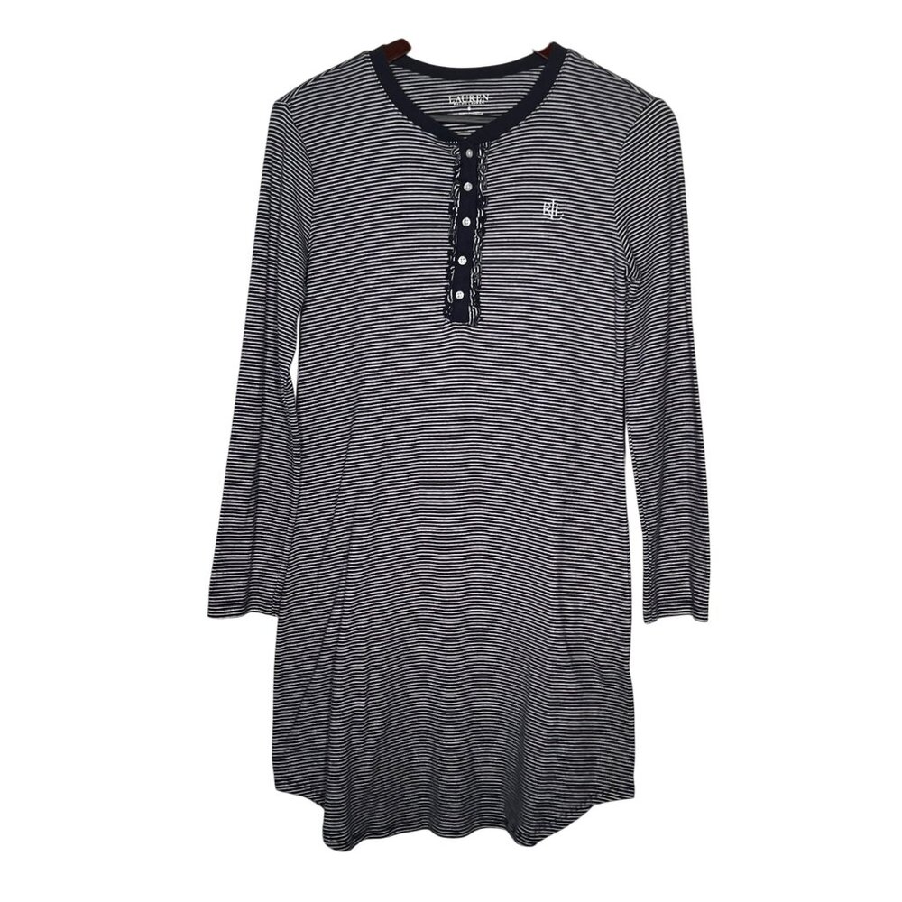 Ralph Lauren Nightgown M Navy Blue White Stripe Long Sleeve Sleep SKYKH 813938T